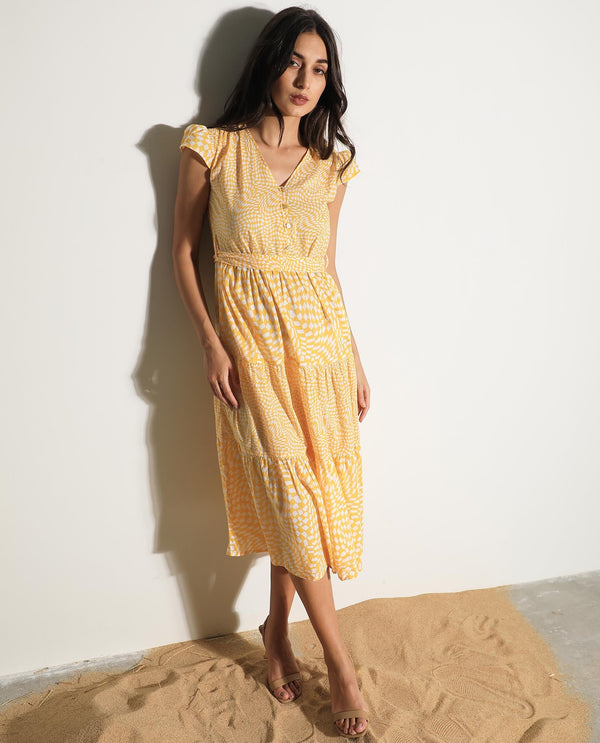 Rareism Women's Whitney Yellow Cotton Fabric V-Neck Button Closure Cape Sleeve Geometric Print  Knee Length Dress