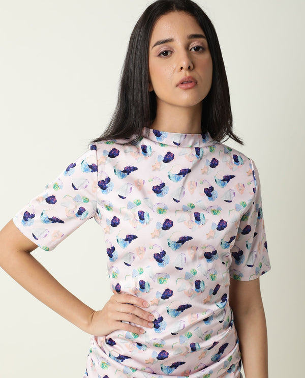 Rareism Women Flirty Light Pink Abstract High Neck Short Sleeve Runches At Side And Back With Back Zip Closure Mini Dress