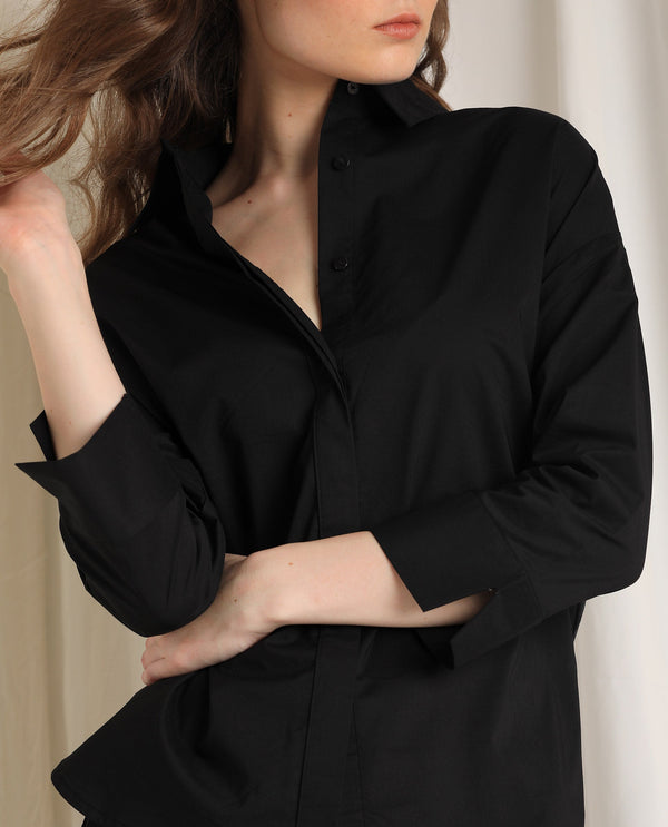 Rareism Womens Eleven Black Top Polyester Fabric Regular Fit 3/4 Sleeve Collared Neck