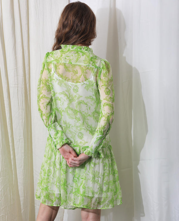 Rareism Women's Quin Green Polyester Fabric Ruffled Neck Button Closure Ruffled Sleeve Floral Print  Knee Length Dress