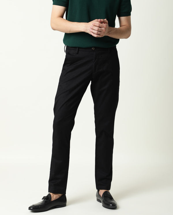 Rare Rabbit Men's Raptors Black Solid Mid-Rise Regular Fit Stretch Trouser