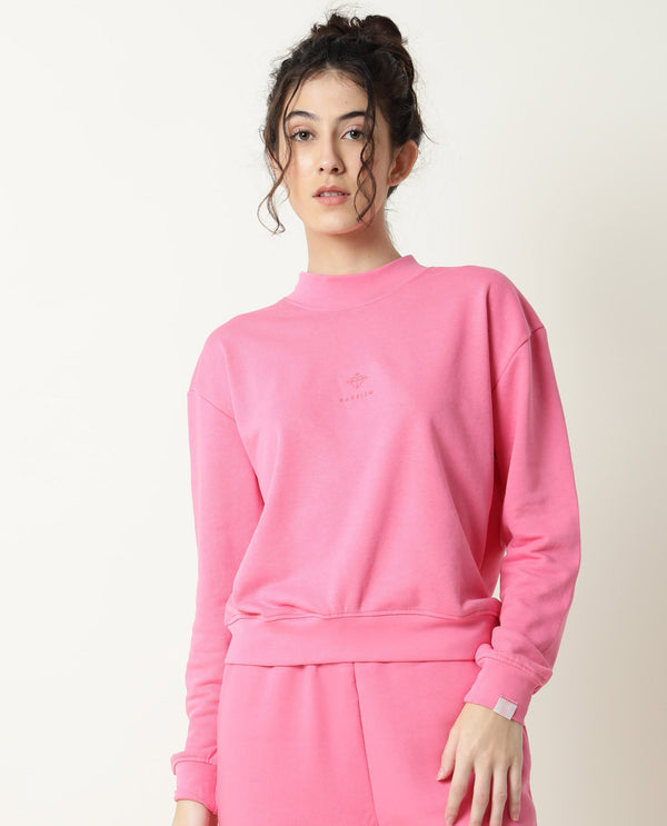 Rareism Women Necker Pink  Relaxed Fit Full Sleeves Solid High Neck Sweatshirt
