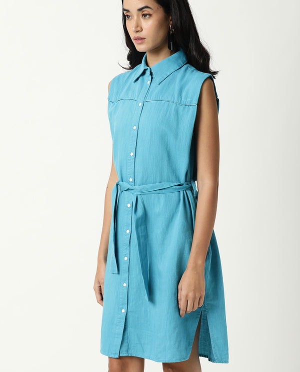 Rareism Women Zolaa Blue Shirt Collar Front Packet With Buttons Fabric Waist Belt And Side Slit Knee Length Dress