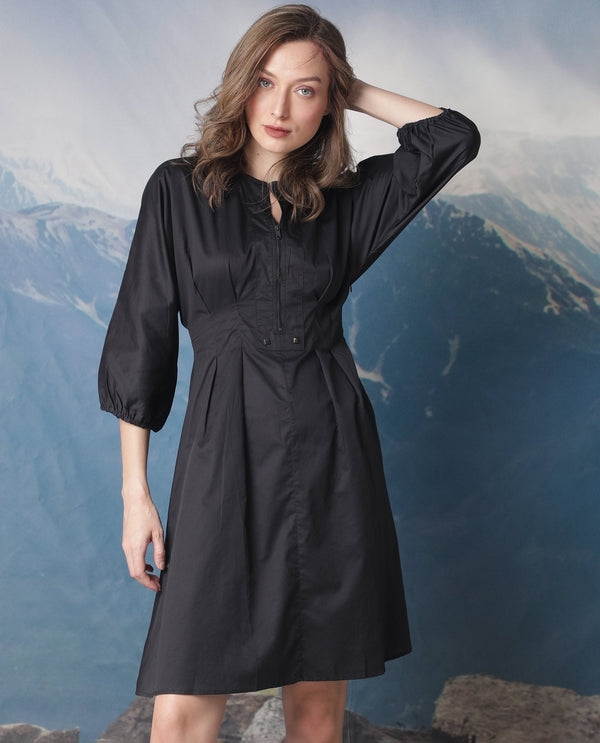 Rareism Women's Mayem Black Cotton Fabric Crew Neck Zipper Closure Volume Sleeve Plain Fit And Flare Knee Length Dress
