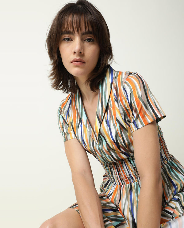 Rareism Women Shallom Multi Abstract V Neck Overlap Collar Short Sleeves Elastic Waist Band Mini Dress