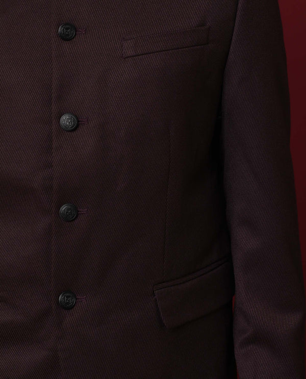 Rare Rabbit Men's Edit Band Maroon Mandarin Collar Tailored Fit Twill Textured Bandhgala