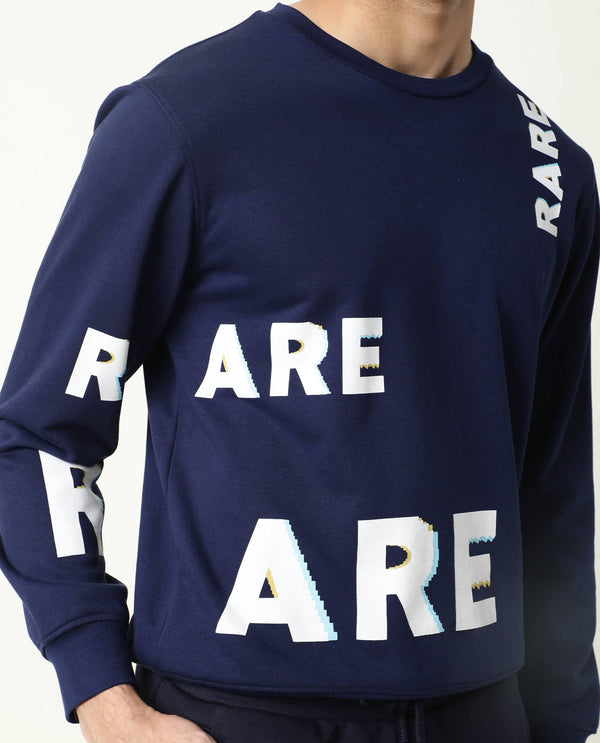 Rare Rabbit Men's Clovis Navy Cotton Polyester Fabric Full Sleeves Graphic Statement Print Sweatshirt