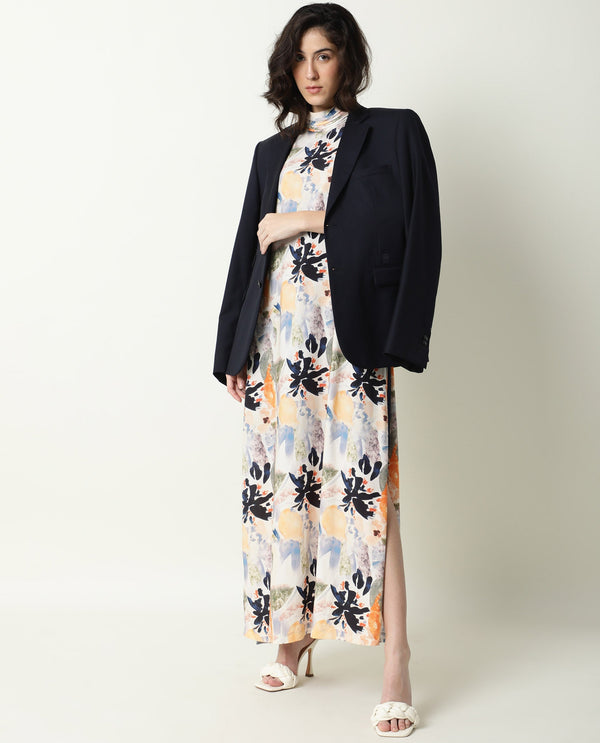 Rareism Women Isa Multi Abstract Print High Neck Band Collar With Ruffles Side Full Slit And Back Button Closure Maxi Dress