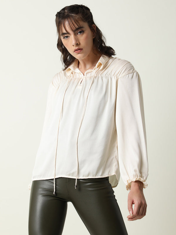 Rareism Women Paxo Off White Poly Cotton Fabric Regular Fit Tie-Up Neck Full Sleeves Solid Top