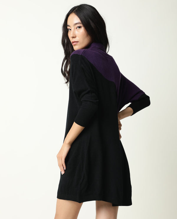 Rareism Women Spaton Purple Acrylic Fabric Full Sleeves Knee Length Regular Fit Color Blocked High Neck Sweater