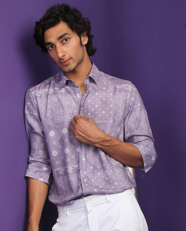 RARE RABBIT MEN'S KAYDEN PASTEL PURPLE SHIRT VISCOSE FABRIC FULL SLEEVES SLIM FIT