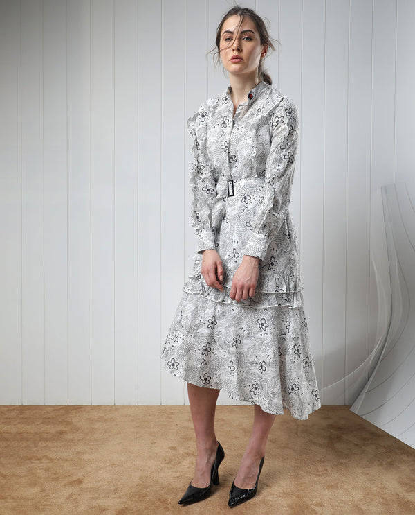 Rareism Women Roose White Cotton Fabric Full Sleeves Button Closure Mandarin Collar Regular Fit Floral Print Knee Length Flared Dress