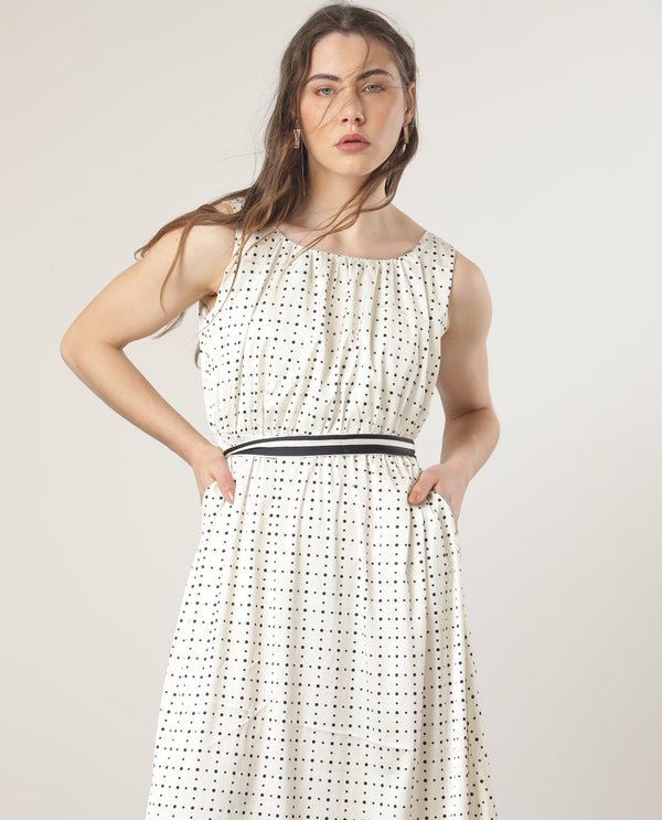 Rareism Women Narcissa Beige Polyester Fabric Boat Neck Sleeveless Regular Fit Polka Knee Length Empire Dress