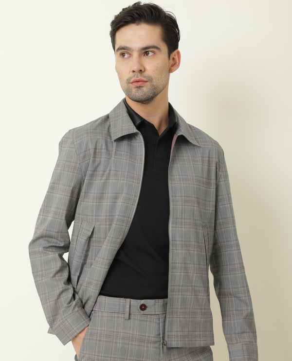 Rare Rabbit Men's Keener Grey Regular Collar Checks Jacket