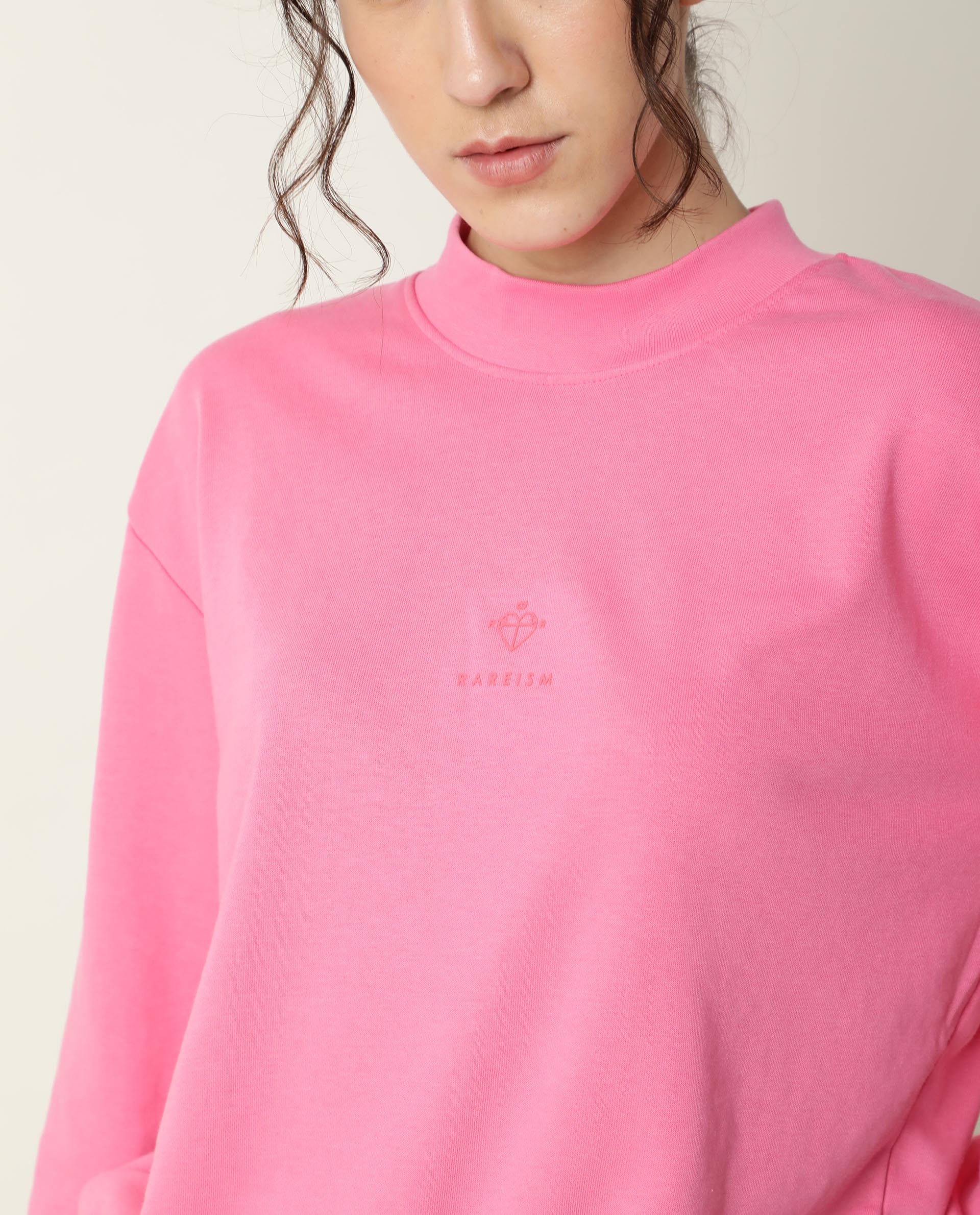 Rareism Women Necker Pink  Relaxed Fit Full Sleeves Solid High Neck Sweatshirt