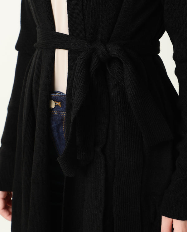 Rareism Women Flap Black Acrylic Fabric Full Sleeves Knee Length Regular Fit Solid Collarless Sweater