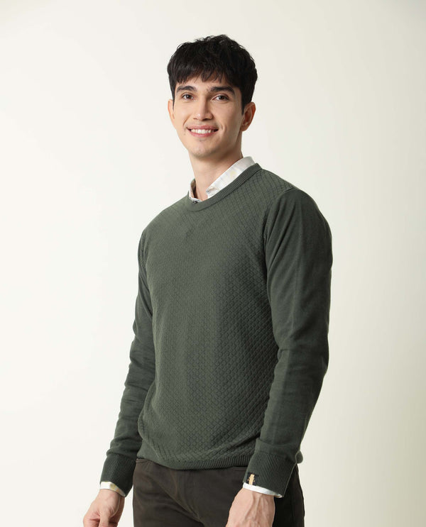 Rare Rabbit Men'S Cable Olive Sweater Cotton Fabric Full Sleeves
