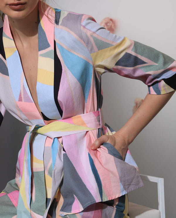 Rareism Women Sezam Pink Cotton Fabric Regular Fit Knee Length Abstract Print Shawl Collar Outer Wear