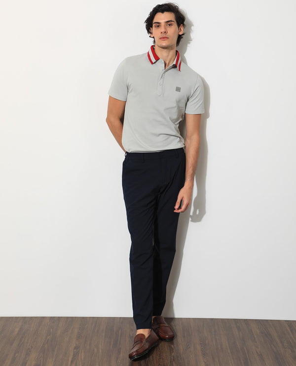 Rare Rabbit Men's Divide Light Grey Cotton Fabric Striped Collar Half Sleeves Polo T-Shirt