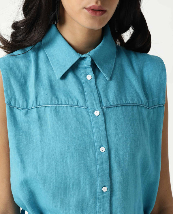 Rareism Women Zolaa Blue Shirt Collar Front Packet With Buttons Fabric Waist Belt And Side Slit Knee Length Dress
