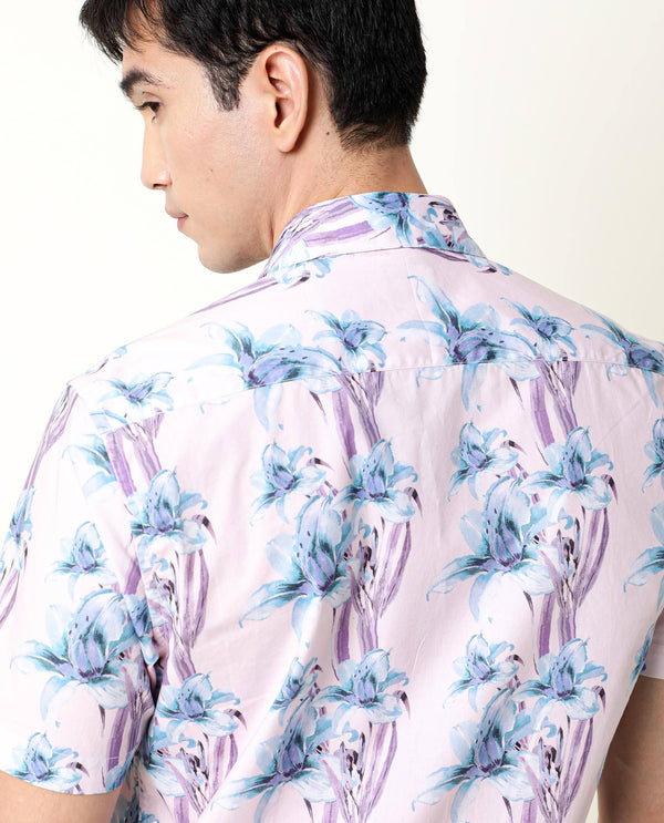 Rare Rabbit Men's Hadlo Pink Cotton Fabric Floral Print Half Sleeves Shirt