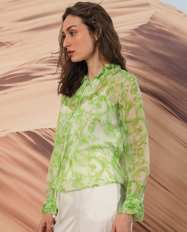 Rareism Women Willow Green Polyester Fabric Full Sleeves Tie-Up Neck Ruffled Sleeves Regular Fit Abstract Print Top