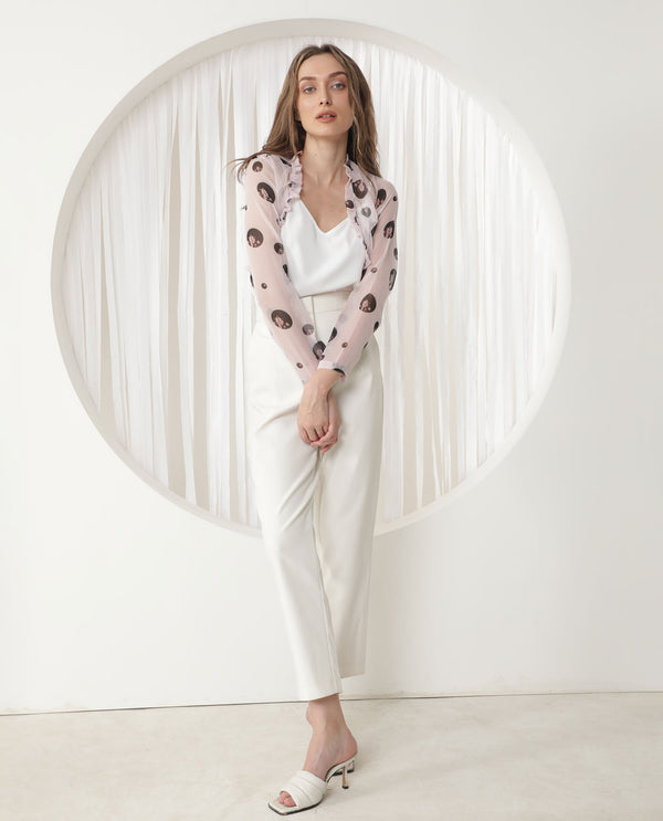 Rareism Women Fern Light Pink Polyester Fabric Full Sleeves Regular Fit Floral Print Shrug