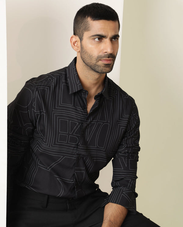 Rare Rabbit Men's Malfor Black Viscose Fabric Graphic Print Full Sleeves Shirt