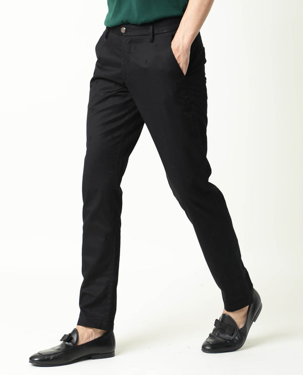 Rare Rabbit Men's Raptors Black Solid Mid-Rise Regular Fit Stretch Trouser