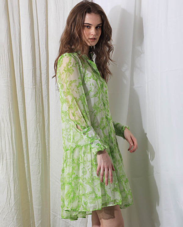 Rareism Women's Quin Green Polyester Fabric Ruffled Neck Button Closure Ruffled Sleeve Floral Print  Knee Length Dress