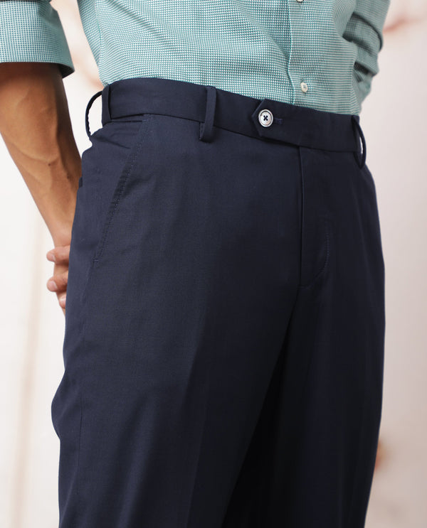 Rare Rabbit Men's Vitaro Navy Solid Mid-Rise Regular Fit Trouser