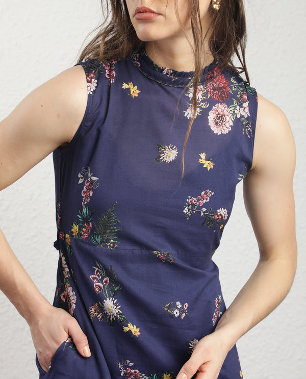 Rareism Women Jemma Navy Cotton Fabric Zip Closure High Neck Sleeveless Regular Fit Floral Print Maxi Dress