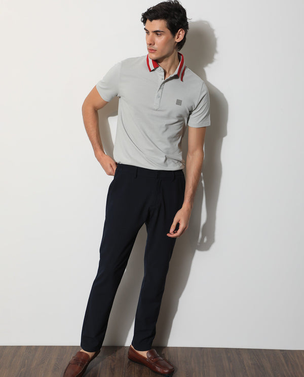 Rare Rabbit Men's Divide Light Grey Cotton Fabric Striped Collar Half Sleeves Polo T-Shirt