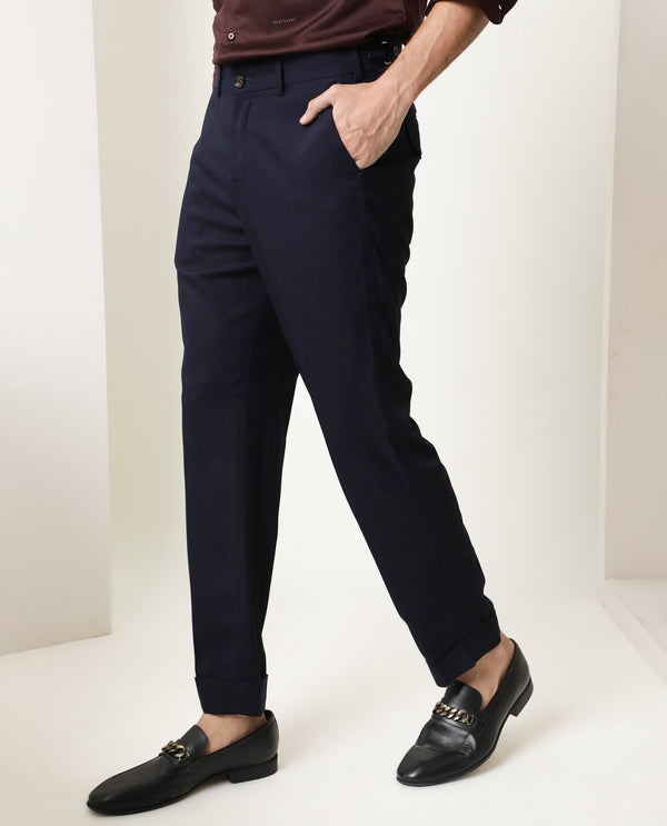 Rare Rabbit Men's Glade Dark Navy Solid Mid-Rise Regular Fit Trouser
