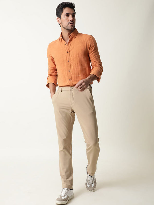 Rare Rabbit Men's Travel-1 Beige Solid Mid-Rise 4-Way Stretch Slim Fit Trouser
