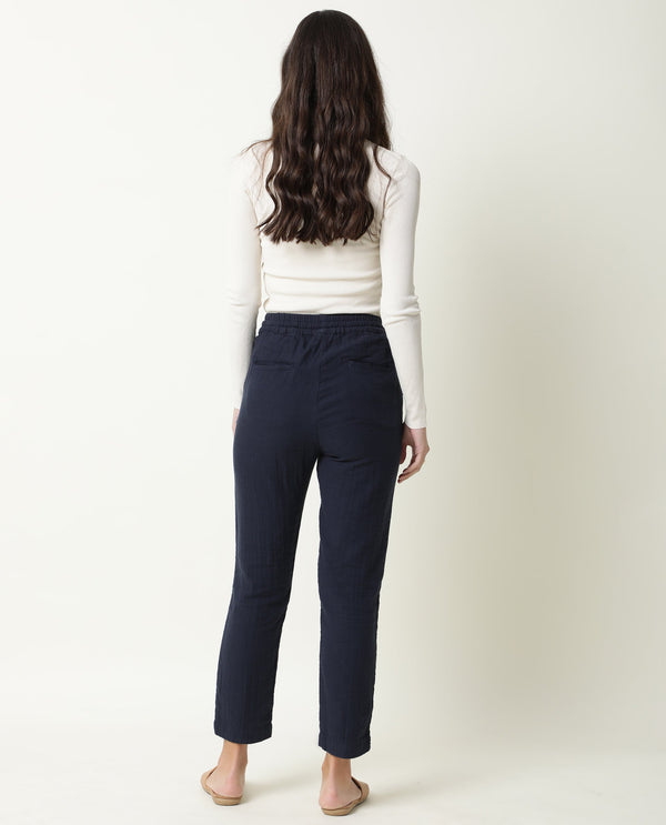 Rareism Women Elo Navy Cotton Fabric Regular Fit Mid Rise Solid Ankle Length Trousers