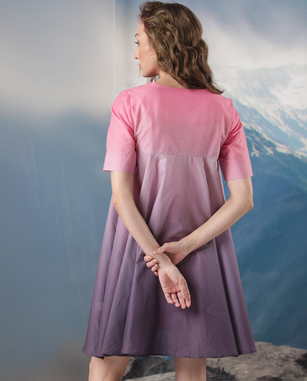 Rareism Women Celine Purple Cotton Fabric Short Sleeves Over Lap Flared Fit Ombre Knee Length Empire Dress