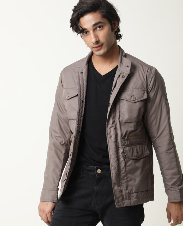 Rare Rabbit Mass Primary Beige Jacket Polyester Fabric Full Sleeve Mock Collar Slim Fit