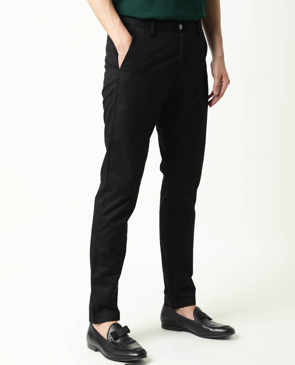 Rare Rabbit Men's Raptors Black Solid Mid-Rise Regular Fit Stretch Trouser