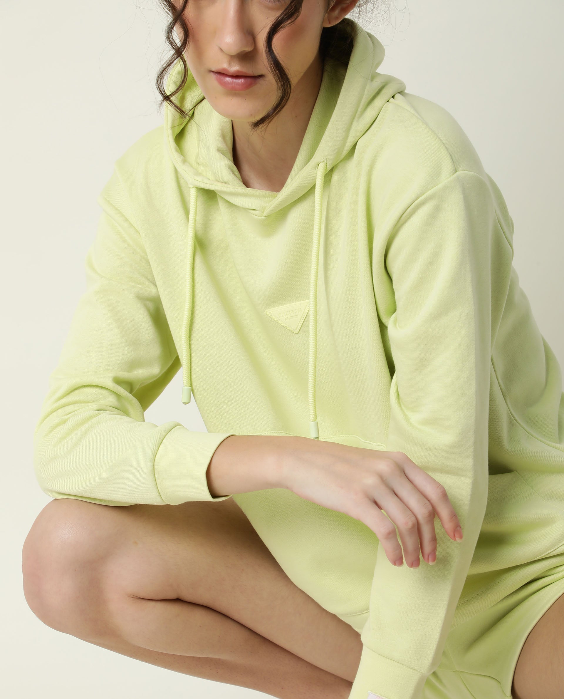 Rareism Women Wally-1 Flouroscent Green Cotton Poly Fabric Relaxed Fit Full Sleeves Solid Hooded Sweatshirt