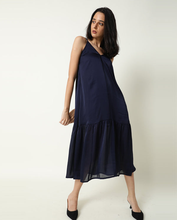 Rareism Women Tint Navy Neck Double Spaghetti Shoulder Straps Midi Dress
