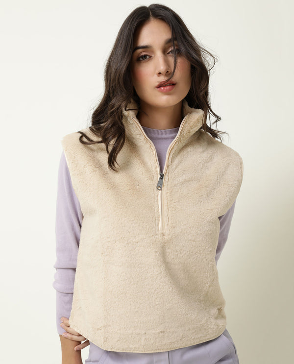 Rareism Women Beauro Beige Polyester Fabric Sleeveless Regular Fit Solid Drop Collar Sweater