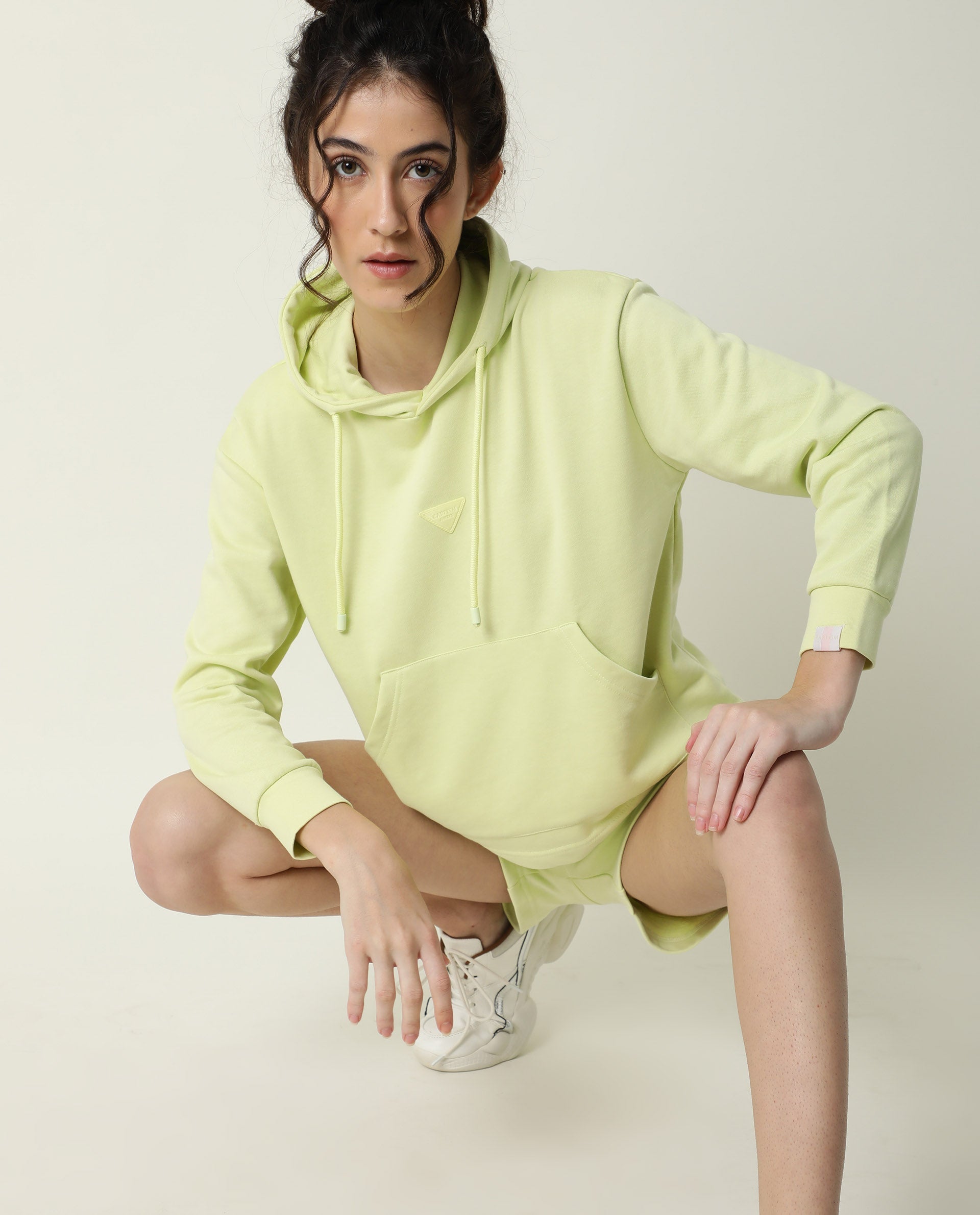 Rareism Women Wally-1 Flouroscent Green Cotton Poly Fabric Relaxed Fit Full Sleeves Solid Hooded Sweatshirt