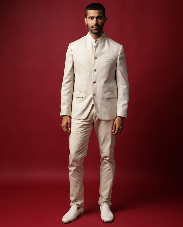 Rare Rabbit Men's Elsie Beige Mandarin Collar Tailored Fit Geometric Jacquard Bandhgala