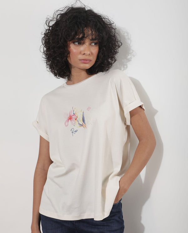 Rareism Women Cersha Beige Cotton Fabric Short Sleeves Crew Neck Extended Sleeve Boxy Fit Graphic Print T-Shirt
