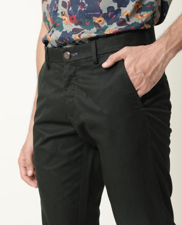 Rare Rabbit Men'S Mazzio Green Solid Mid-Rise Regular Fit Stretch Trouser