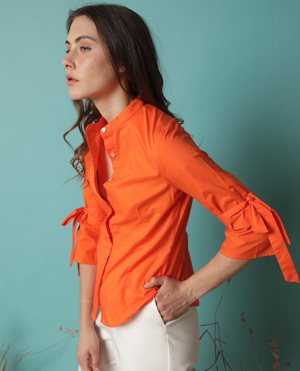 Rareism Women Tips Orange Cotton Fabric 3/4Th Sleeves Button Closure Mandarin Collar Regular Fit Plain Top