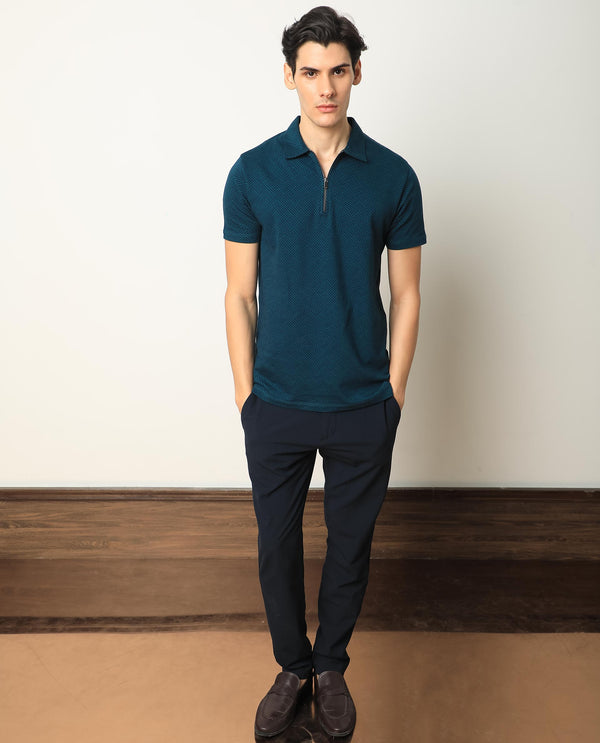 Rare Rabbit Men's Cabetta Navy Cotton Fabric Collared Neck Zipper Closure Half Sleeves Jacquard Polo T-Shirt
