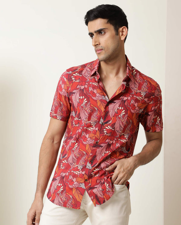 Rare Rabbit Men's Sinn Dark Red Viscose Fabric Floral Print Half Sleeves Shirt