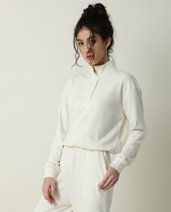 Rareism Women Taffy-1 Off White  Relaxed Fit Full Sleeves Solid High Neck Sweatshirt